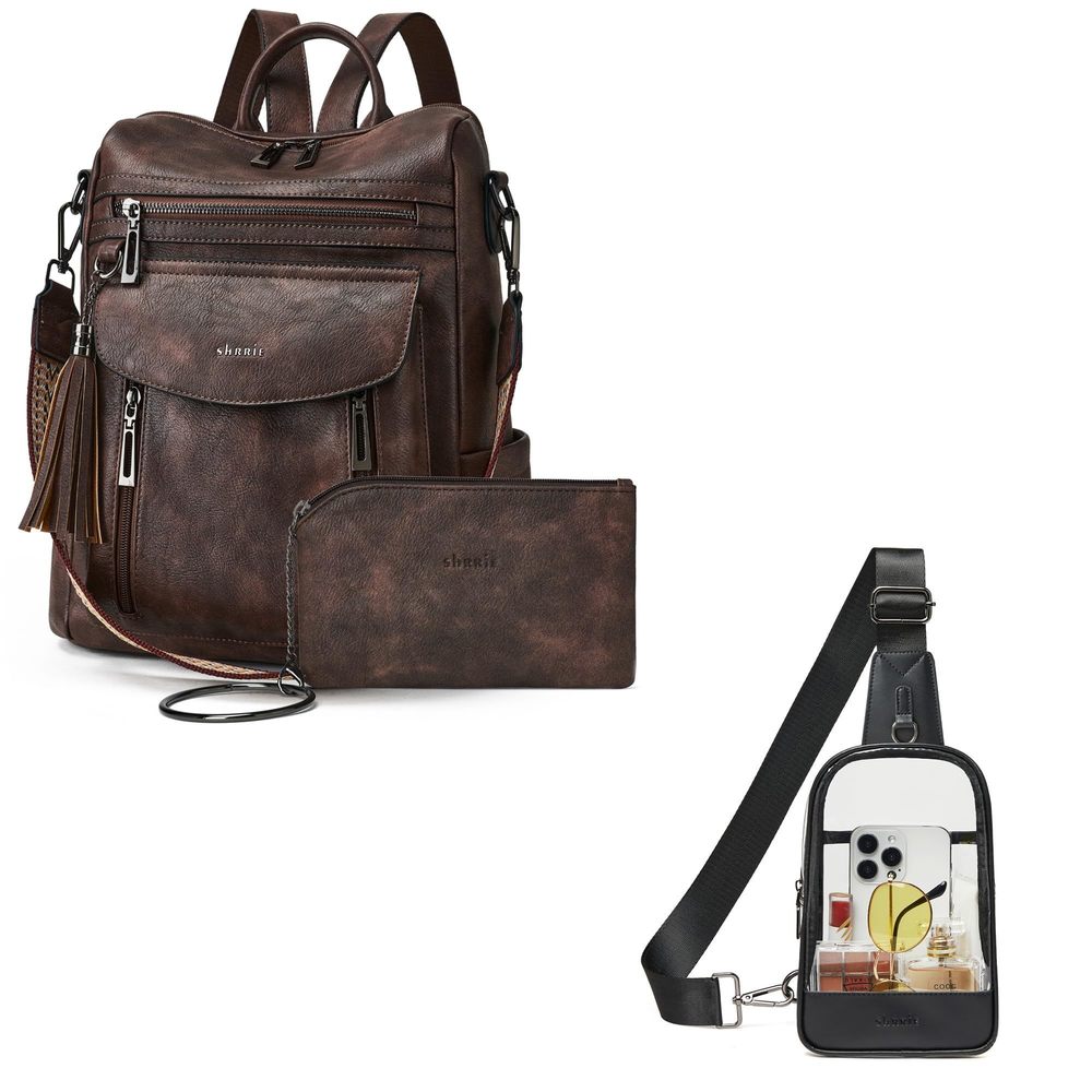 Backpack Purse for Women + Clear Bag Stadium Approved Coffee&Black🙈
